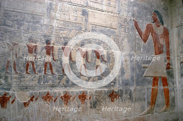 Offering bearers and deceased's portrait, polychrome relief, Mastaba of Kagemni, Saqqara,Egypt, 2003 Creator: Unknown.
