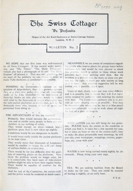 The Swiss Cottager, De Profundis, Organ of Air Raid Shelterers, 1940.  Creator: Unknown.