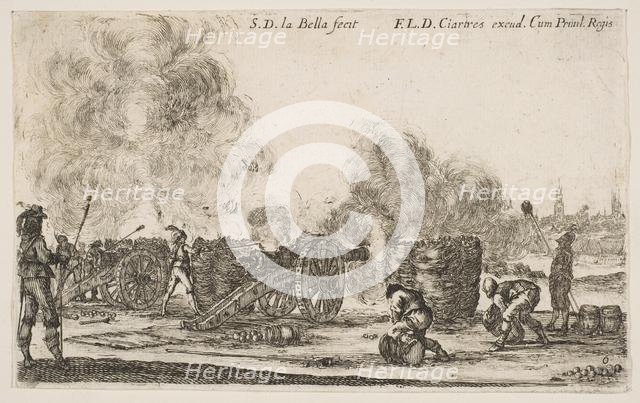 Plate 6: battery of cannons firing on a city, from 'Various Military Caprices' (Varii ..., ca. 1641. Creator: Stefano della Bella.