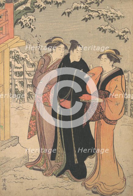 Man in a Black Haori (Coat) and Two Women Approaching a Temple. Creator: Torii Kiyonaga.