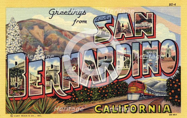 'Greetings from San Bernardino, California', postcard, 1943. Artist: Unknown
