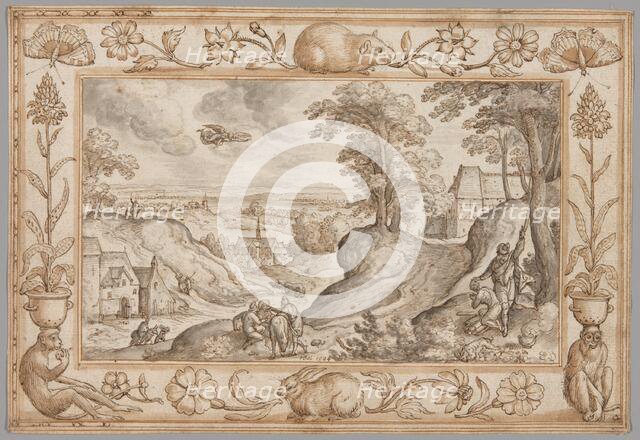 Landscape with the Sacrifice of Isaac within a Decorative Border of Plants and Animals, 1584. Creator: Hans Bol.