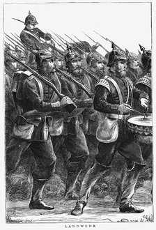 Prussian soldiers on the march, Franco-Prussian War, September 1870. Artist: Unknown