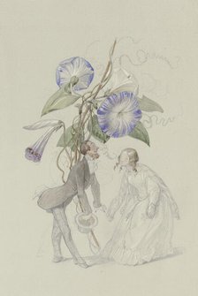 A bouquet of blue bindweed, with a couple bowing to each other below.. Creator: Adolf Schrödter.