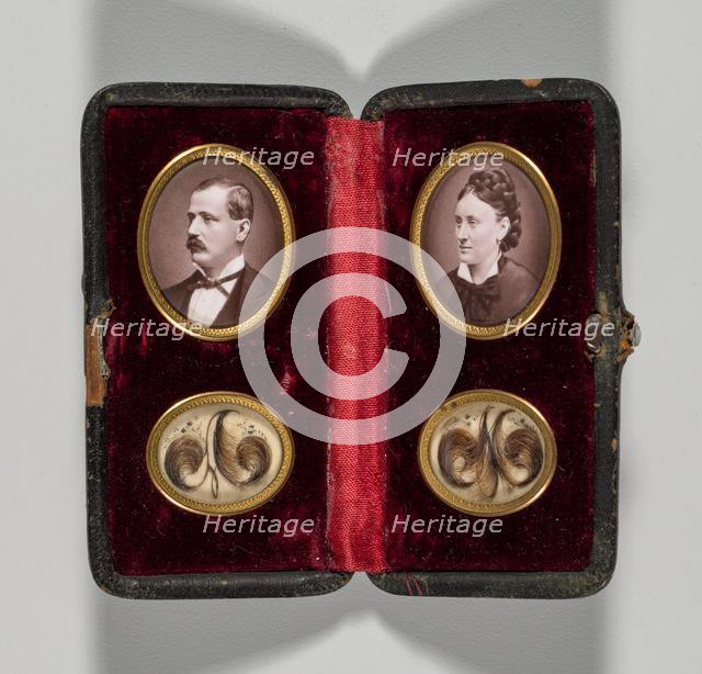 Untitled (Case with portraits of a man and woman and hair ornaments), c. 1870s. Creator: Unidentified Photographer.