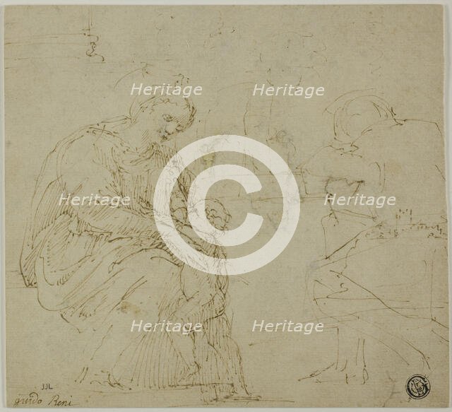 Sketches of Virgin and Child, Seated Figure, and Landscape, c. 1530. Creator: Vincenzo Tamagni.
