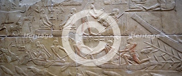 Daily life and men in a ship on the Nile, polychrome relief, Mastaba of Kagemni, Saqqara,Egypt, 2003 Creator: Unknown.