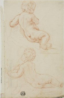 Two Putti Seen from the Back, One Writing, n.d. Creator: Unknown.