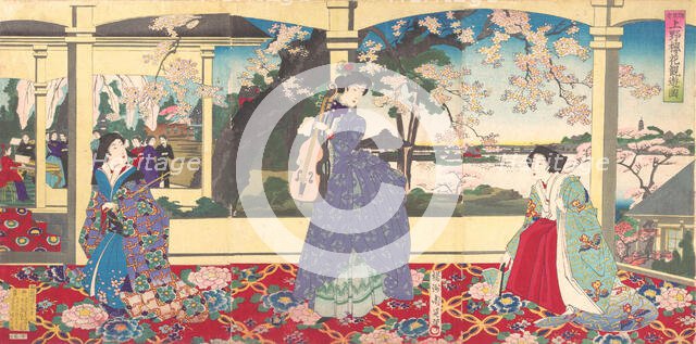 A Dance Party: Enjoying Cherry Blossom Viewing at Ueno (Tobukai Ueno oka yuran no z..., March, 1887. Creator: Chikanobu Yoshu.