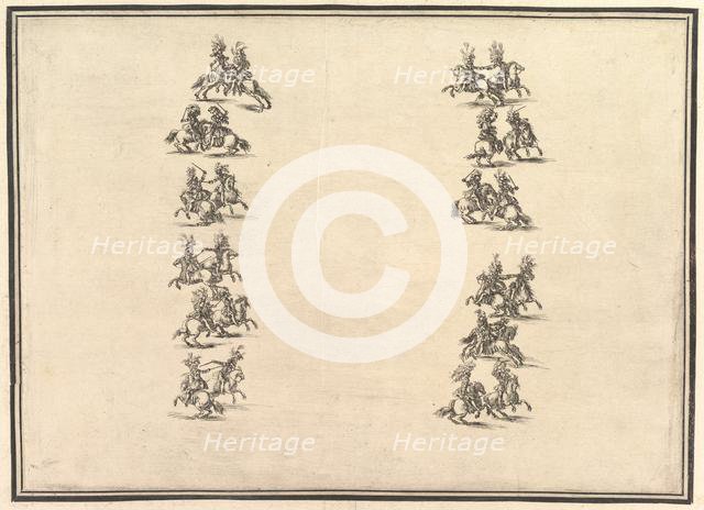 Twenty-four riders dueling and forming two columns, from 'La Gara delle Stagioni', 1652. Creator: Stefano della Bella.