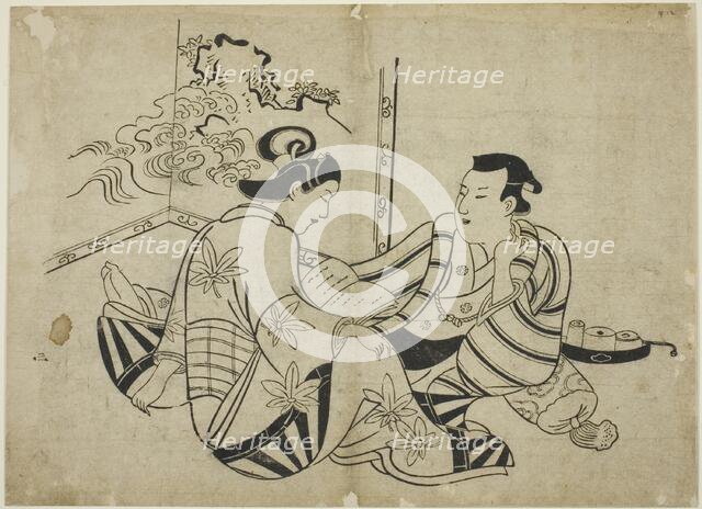 Reading a Letter in Front of a Screen, from an untitled series of 12 prints, c. 1710. Creator: Torii Kiyonobu I.