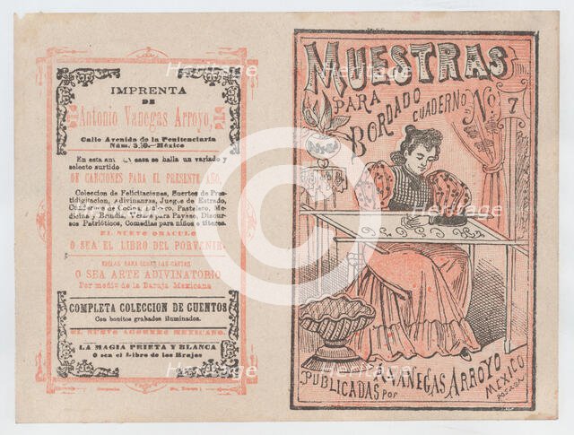 Cover for 'Muestras para Bordado', a woman embroidering, ca. 1890-1910., ca. 1890-1910. Creator: José Guadalupe Posada.