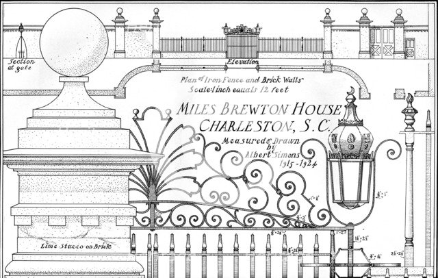Plan of iron fence and brick walls, Miles Brewton House, Charleston, South Carolina, 1926. Artist: Albert Simons.