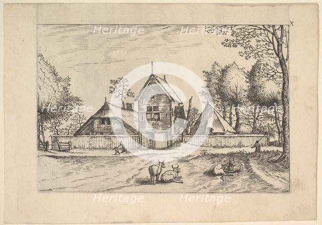 Farmstead, cows and herdsman in the foreground from Praediorum villarum et rusticar..., ca. 1559-61. Creator: Johannes van Doetecum I.