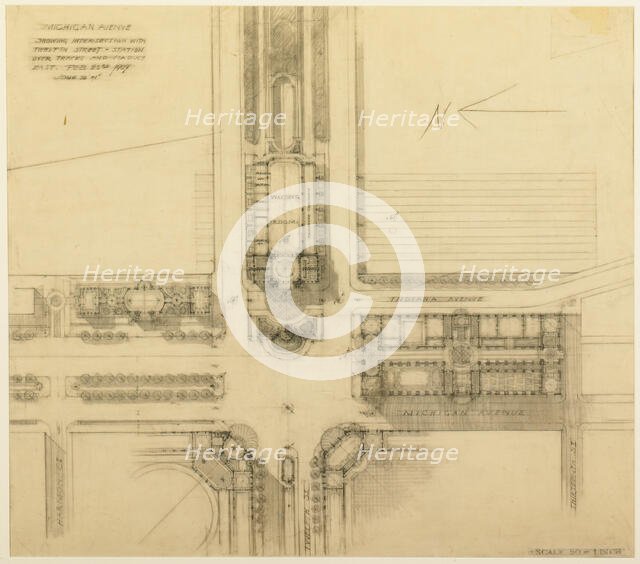 Plate 119 from The Plan of Chicago, 1909: Chicago. Sketch Plan of the Intersection of Michigan... Creator: Daniel Burnham.