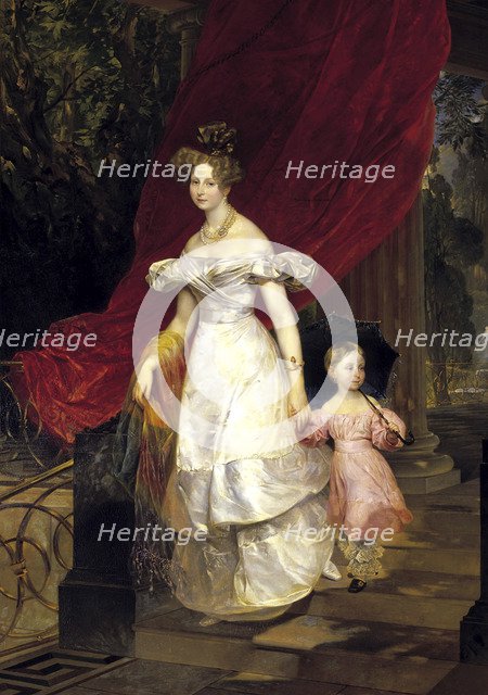 Portrait of Grand Duchess Elena Pavlovna of Russia (1807-1873) with her daughter Maria, 1830. Creator: Briullov, Karl Pavlovich (1799-1852).