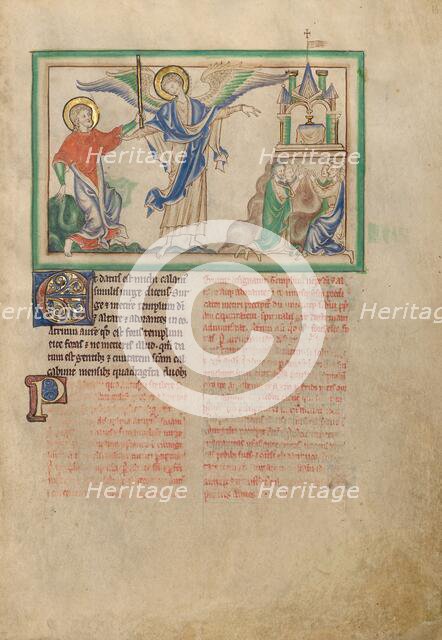 Saint John Takes the Rod to Measure the Temple; Dyson Perrins Apocalypse, about 1255-1260. Creator: Unknown.