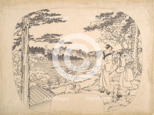 Two Women Admiring the Sights from a Vantage Point...the Zenpukuji Temple, 19th century. Creator: Sadahide Utagawa.