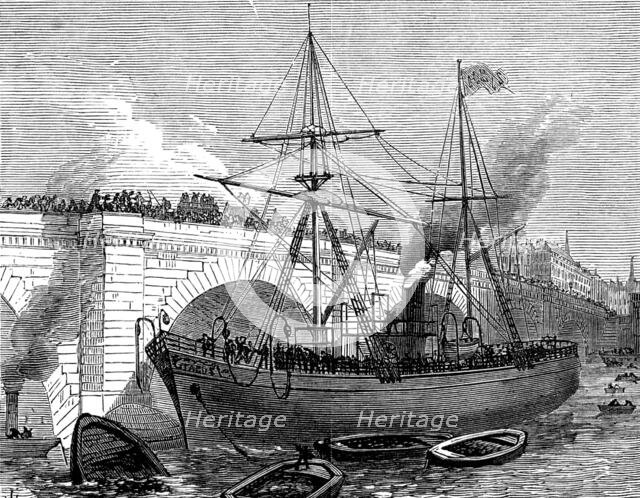 A ship running foul of London Bridge, 1873. Creator: Unknown.