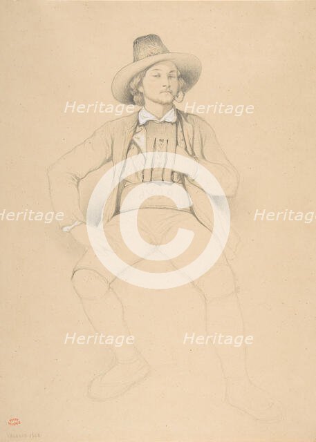 A Man in Tyrolean Costume, Seated, Smoking a Pipe, 1842. Creator: Théodore Valerio.