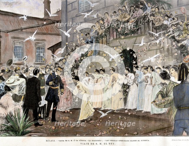 Alphonse XIII visiting a factory in Málaga in 1904, engraving in the 'Ilustracion española y amer…