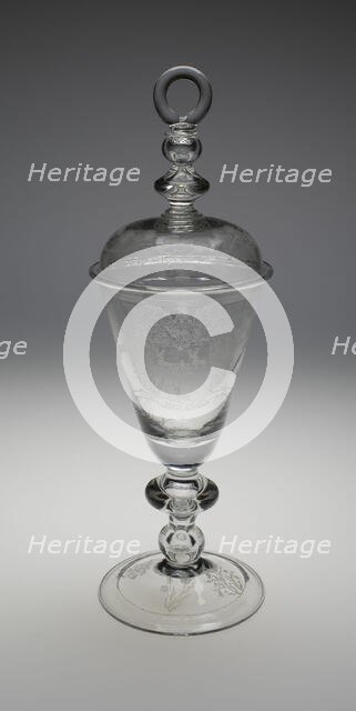 Covered Diamond-Engraved Armorial Marriage Goblet, England, c. 1700-1709. Creator: Unknown.