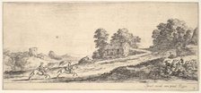 Plate 9: two horsemen at left galloping uphill towards the right, a horse and seated m..., ca. 1641. Creator: Stefano della Bella.