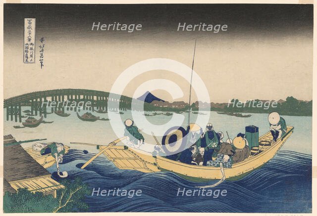 Fuji from Ommayagashi with Twilight over Ryogoku Bridge (Ommayagashi yori ryogokubas..., c. 1830/33. Creator: Hokusai.