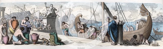Ancient History. Greece. Maritime trading. German engraving, 1865.