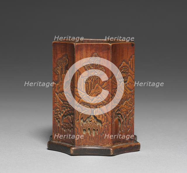 Brush Holder with Bamboo and Landscape Design, 1800s. Creator: Unknown.