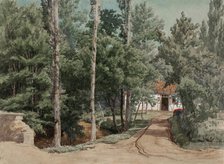 Timber framed building surrounded by deciduous forest, 1856. Creator: Werner Holmberg.