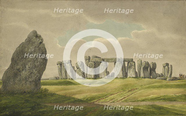 Stonehenge from the N.E., showing ruins and heel stone with cart, horse, person, 1824-1839. Artist: Henry Browne.