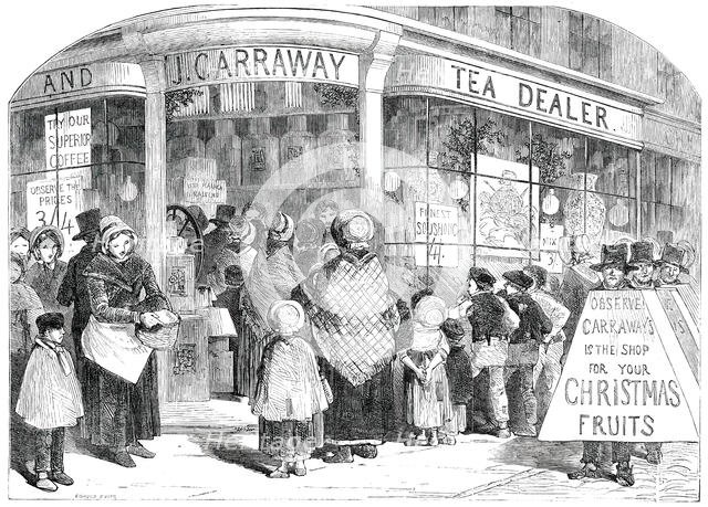 The Grocer's Shop at Christmas - drawn by Foster, 1850. Creator: Edmund Evans.