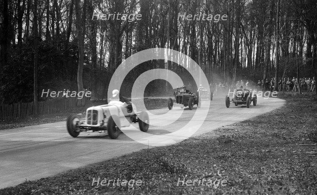 ERA, Vale Special of Ian Connell, Bugatti and MG Q type, Donington Park, Leicestershire, c1930s. Artist: Bill Brunell.