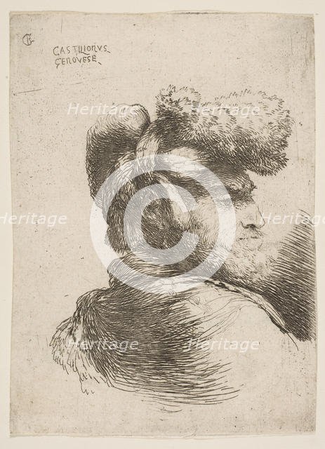 Man in profile facing right, wearing a fur hat, from series of 'Small Heads in Or..., ca. 1645-1650. Creator: Giovanni Benedetto Castiglione.