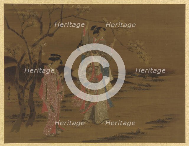 Two girls and a man under a cherry tree, Edo period, 1615-1868. Creator: Unknown.