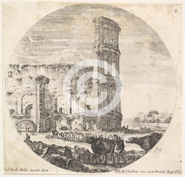 Plate 8: the Colosseum, two herds being directed towards the amphitheater in the fo..., ca. 1643-48. Creator: Stefano della Bella.