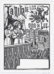 A woman and a man standing on a balcony looking up at a flying monster in the sky..., ca. 1880-1910. Creator: José Guadalupe Posada.