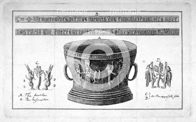 Depiction of a mortar from the Apothecaries' Hall, including inscription, 1789.     Artist: Anon