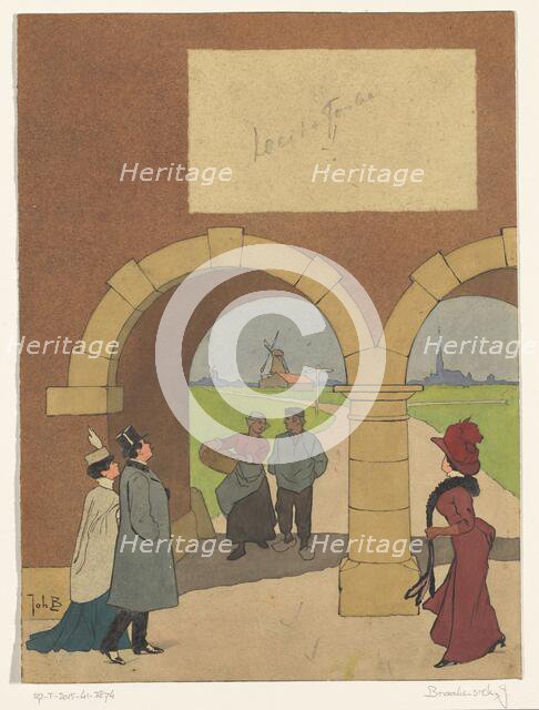 Design with pedestrians at a gatehouse, 1868-1940. Creator: Johan Coenraad Braakensiek.