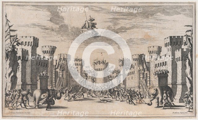 A city under siege with elephants and soldiers throughout; Mars looking down from above; s..., 1668. Creator: Mathäus Küsel.