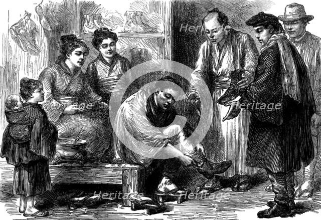 Sketches in Japan, by our special artist: the first pair of boots, 1873. Creator: Unknown.