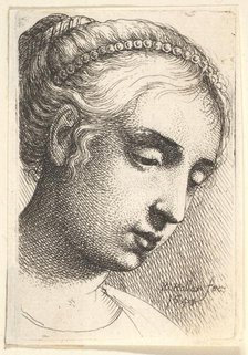 Woman with string of pearls in her hair looking downwards to right, 1645. Creator: Wenceslaus Hollar.