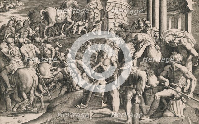 The Trojans pulling the wooden horse into the city, 1545. Creator: Giulio Bonasone.