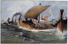 Viking longships under sail. Artist: Albert Sebille