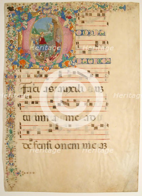 Manuscript Leaf with Entry into Jerusalem on Palm Sunday in an Initial D..., 15th-16th century. Creator: Bartolomeo di Domenico di Guido.