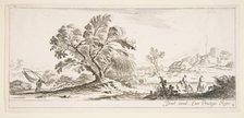 Plate 6: a fisherman carrying a net to left, two horsemen in a stream to right, a tree..., ca. 1641. Creator: Stefano della Bella.