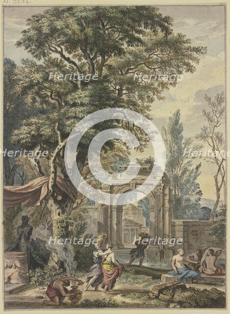 Ancient portal, a statue of Pan with altar on the left, preparations for sacrifice. Creator: Isaac de Moucheron.