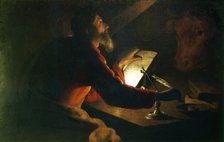 St Luke the Evangelist writing his Gospel watched by his symbol, an ox, 17th century. Artist: Unknown
