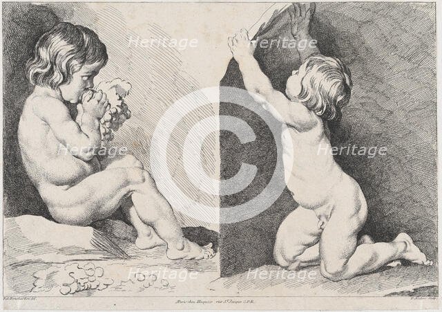 Two nude children eating grapes; from New Book of Children, 1720-60. Creator: Pierre Alexandre Aveline.